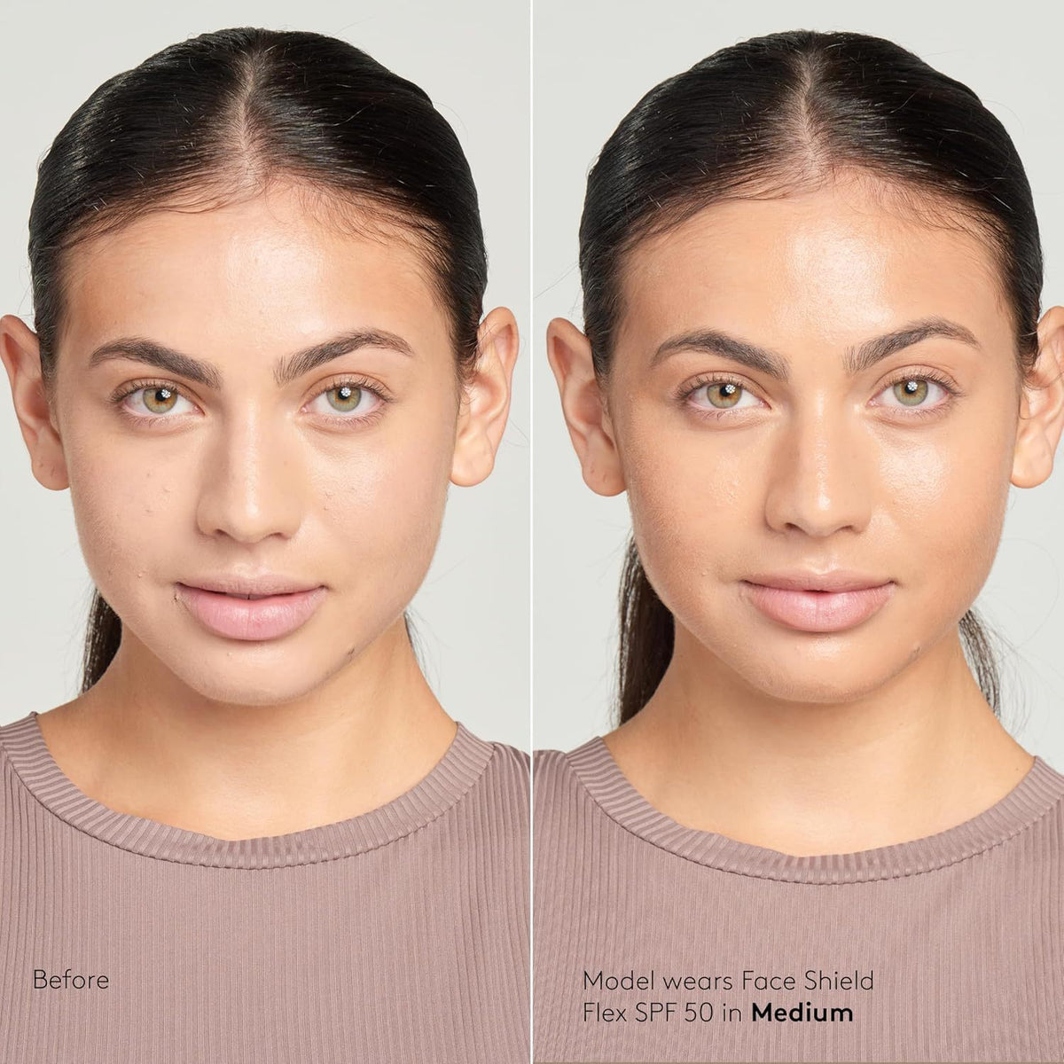 Before and after comparison of a woman wearing a face shield with SPF 50 .